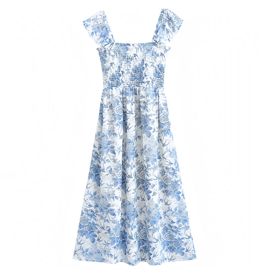 floral-print-light-blue-and-white-multi-color-flower-patterned-slim-fit-bodycon-smocked-fitted-bodice-drop-waist-shirred-ruffle-trim-short-puff-sleeve-square-neckline-tiered-flowy-linen-boho-midi-long-maxi-dress-evening-gown-women-ladies-teens-tweens-chic-trendy-spring-2024-summer-elegant-casual-semi-formal-classy-feminine-prom-party-wedding-guest-debutante-homecoming-dance-preppy-style-beach-wear-vacation-sundress-coastal-granddaughter-altard-state-hill-house-revolve-reformation-loveshackfancy-zara-dupe