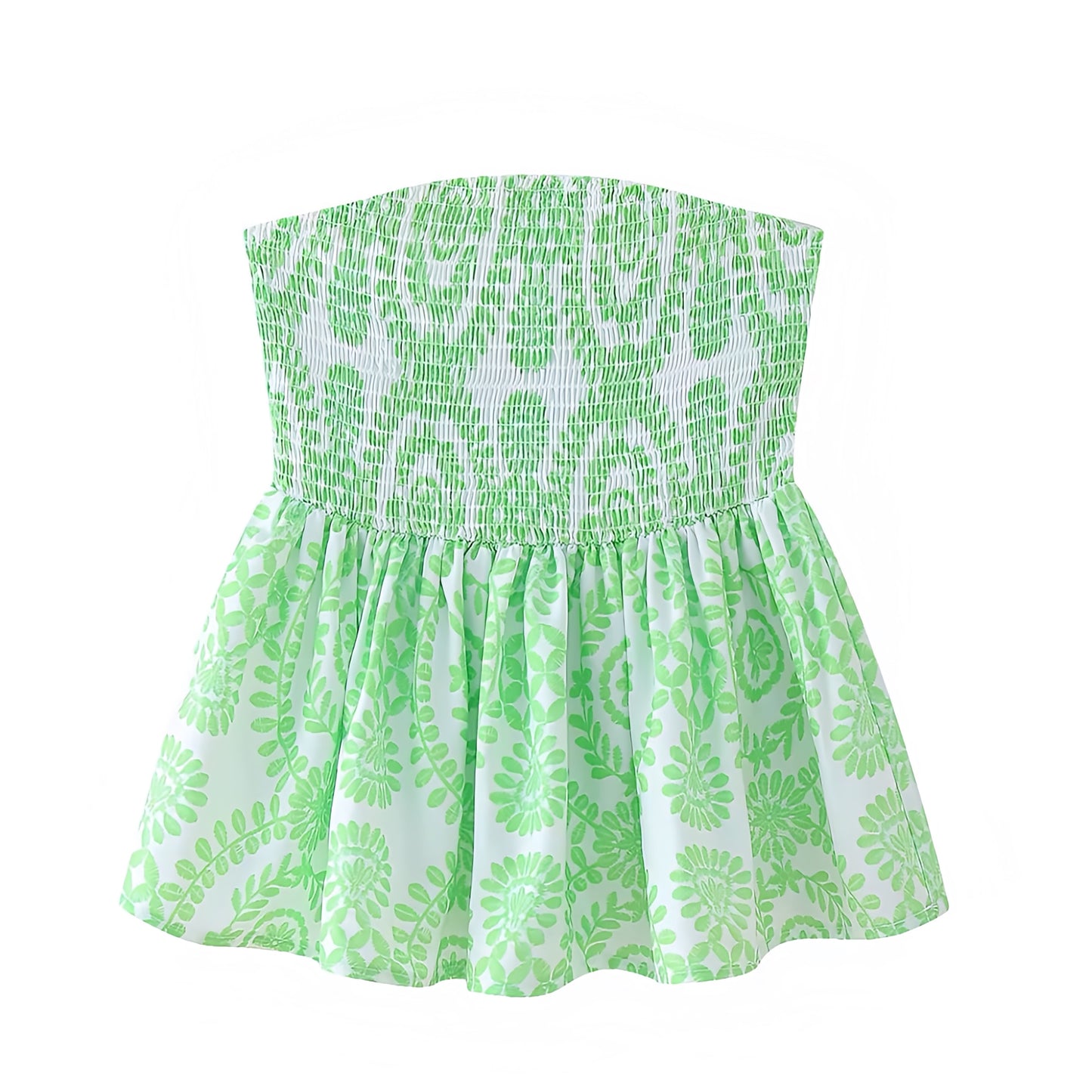 Neon Green Floral Embroidered Smocked Strapless Camisole Top