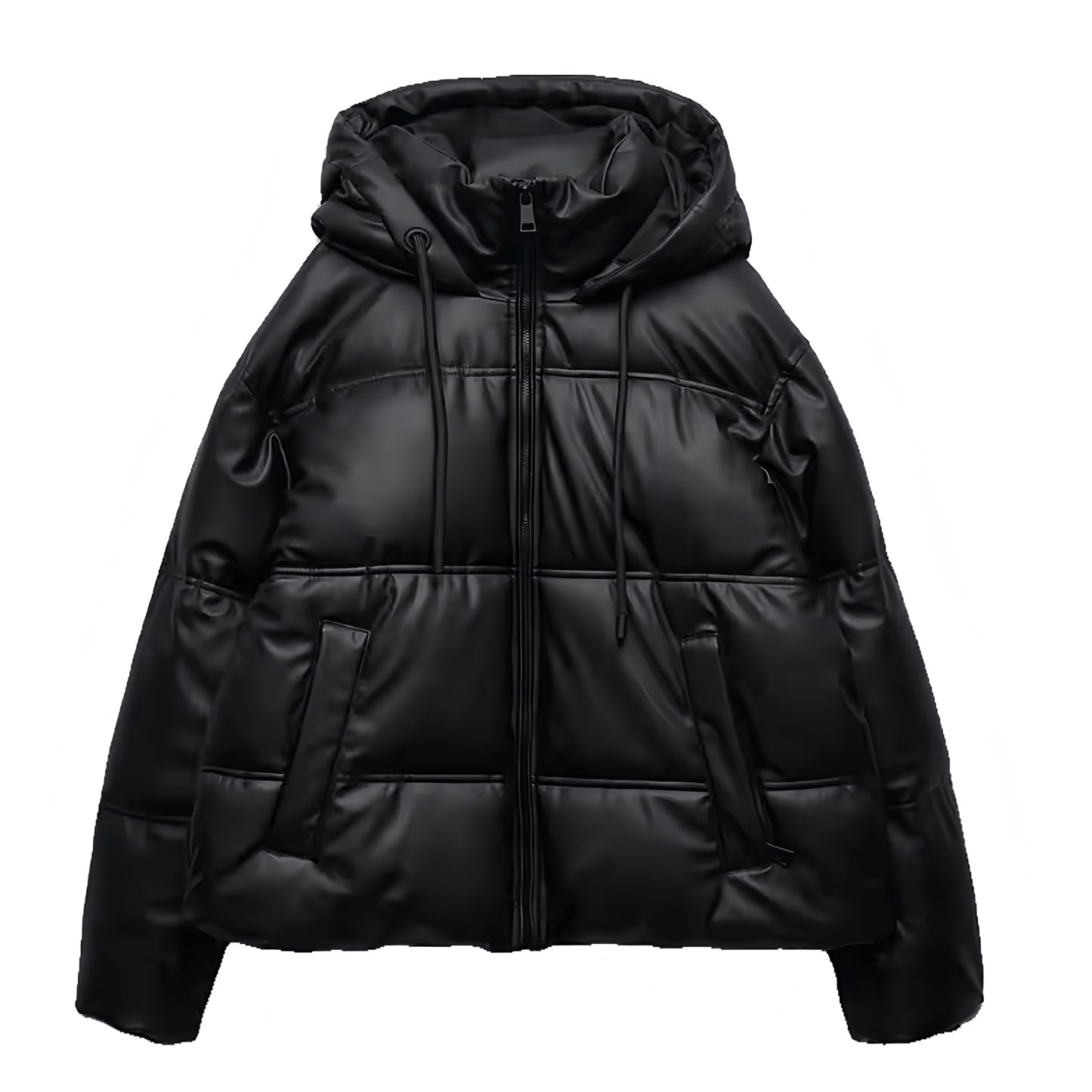 Black Oversized Zip-Up Long Sleeve Hooded Puffer Jacket