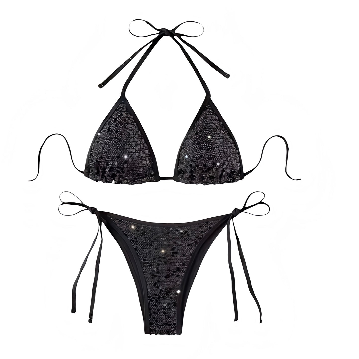 Black Sequin Embellished Spaghetti Strap 2 Piece Triangle String Bikini Set