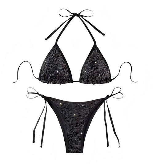 Black Sequin Embellished Spaghetti Strap 2 Piece Triangle String Bikini Set