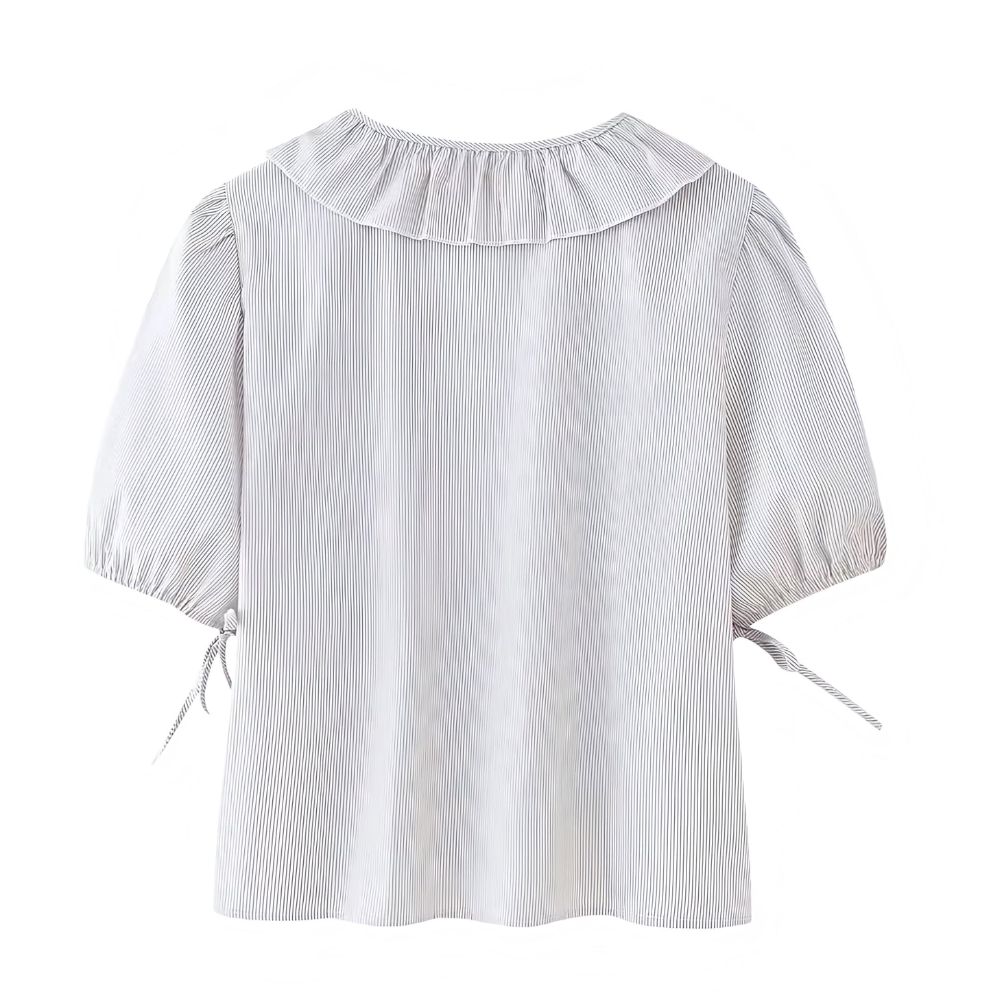 White Striped Ruffle Trim Bow Lace Up Short Sleeve Camisole Blouse Top