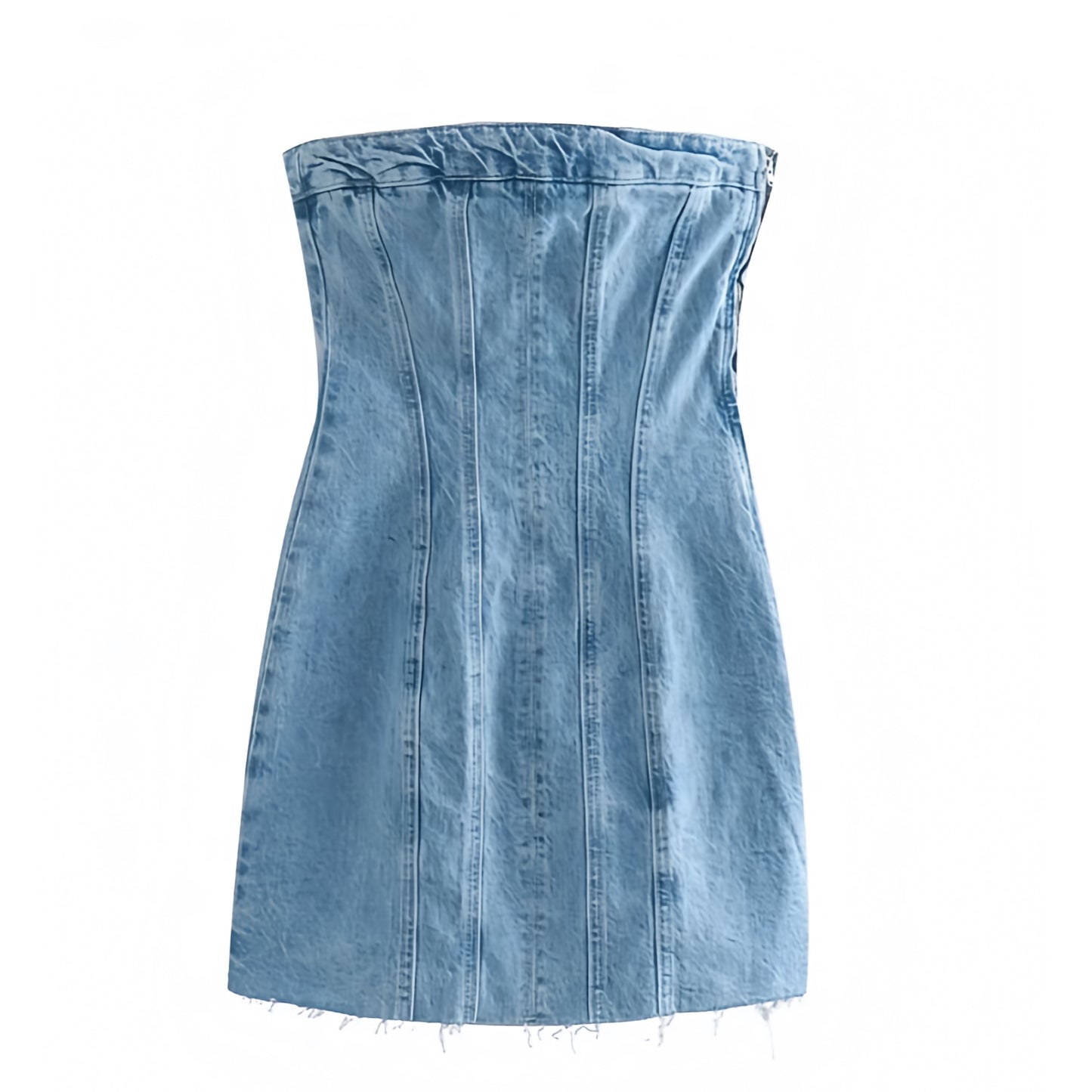 Light Wash Blue Faded Bodycon Strapless Denim Mini Dress