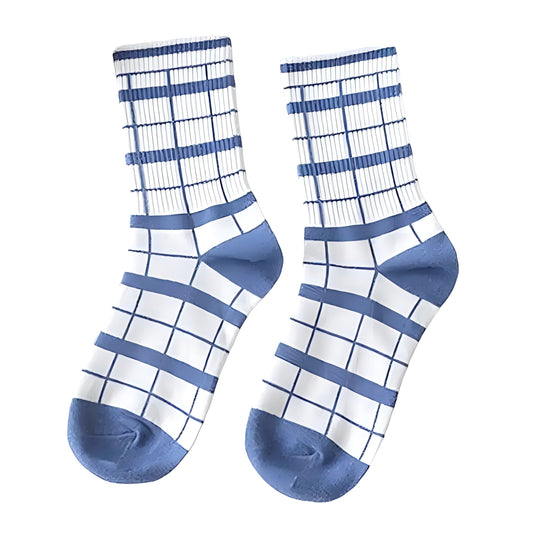 Navy Blue Plaid Cotton Long Socks