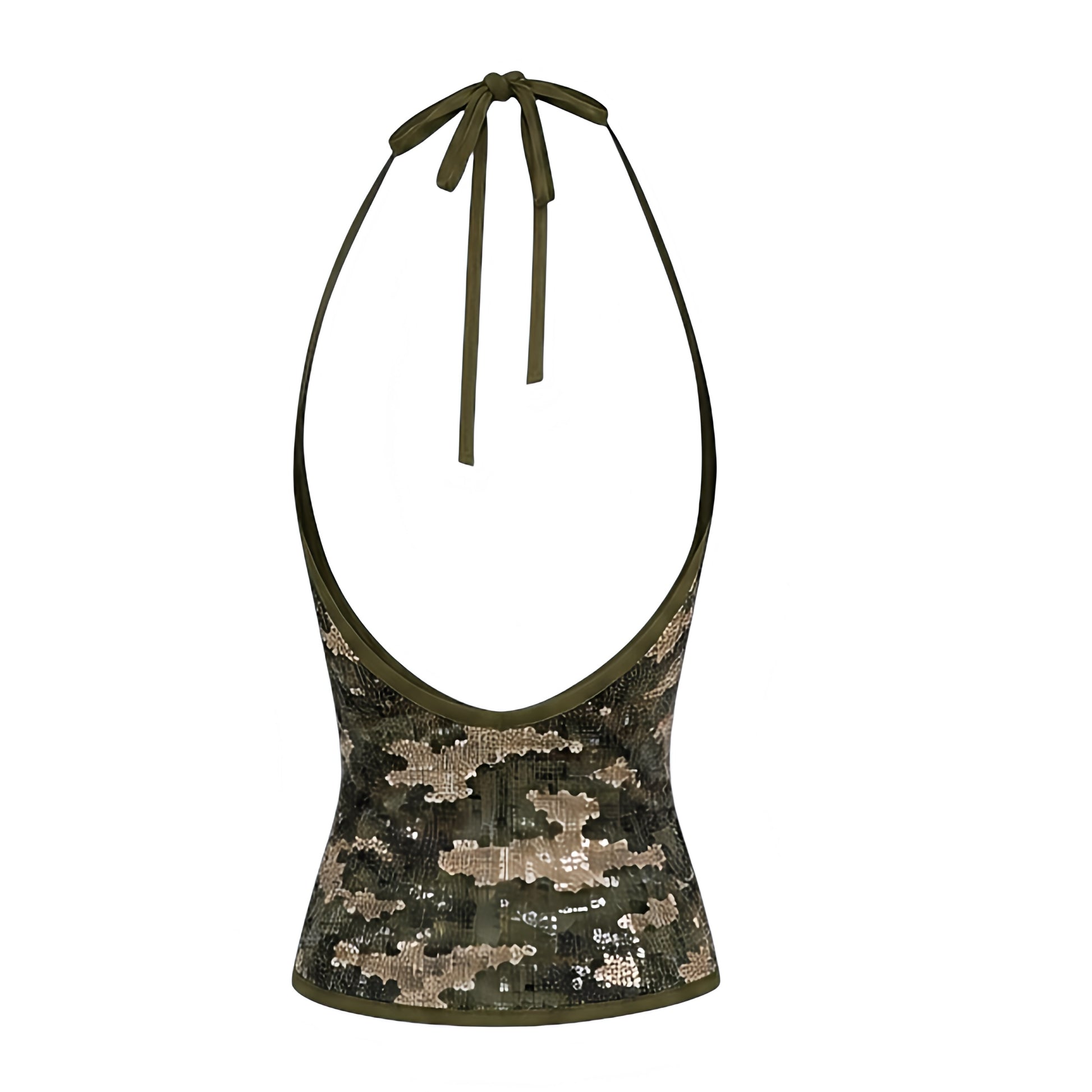 Camo sequin embellished slim fit backless halter top with green olive green brown and black camouflage print, sparkly sequined finish, sleeveless crop top, Y2K sequin top, Y2K baby tank, clubwear, rave top, festival outfit, concert outfit, Ibiza style, party outfit, baddie outfit, cowgirl style, western chic and country girl outfit.