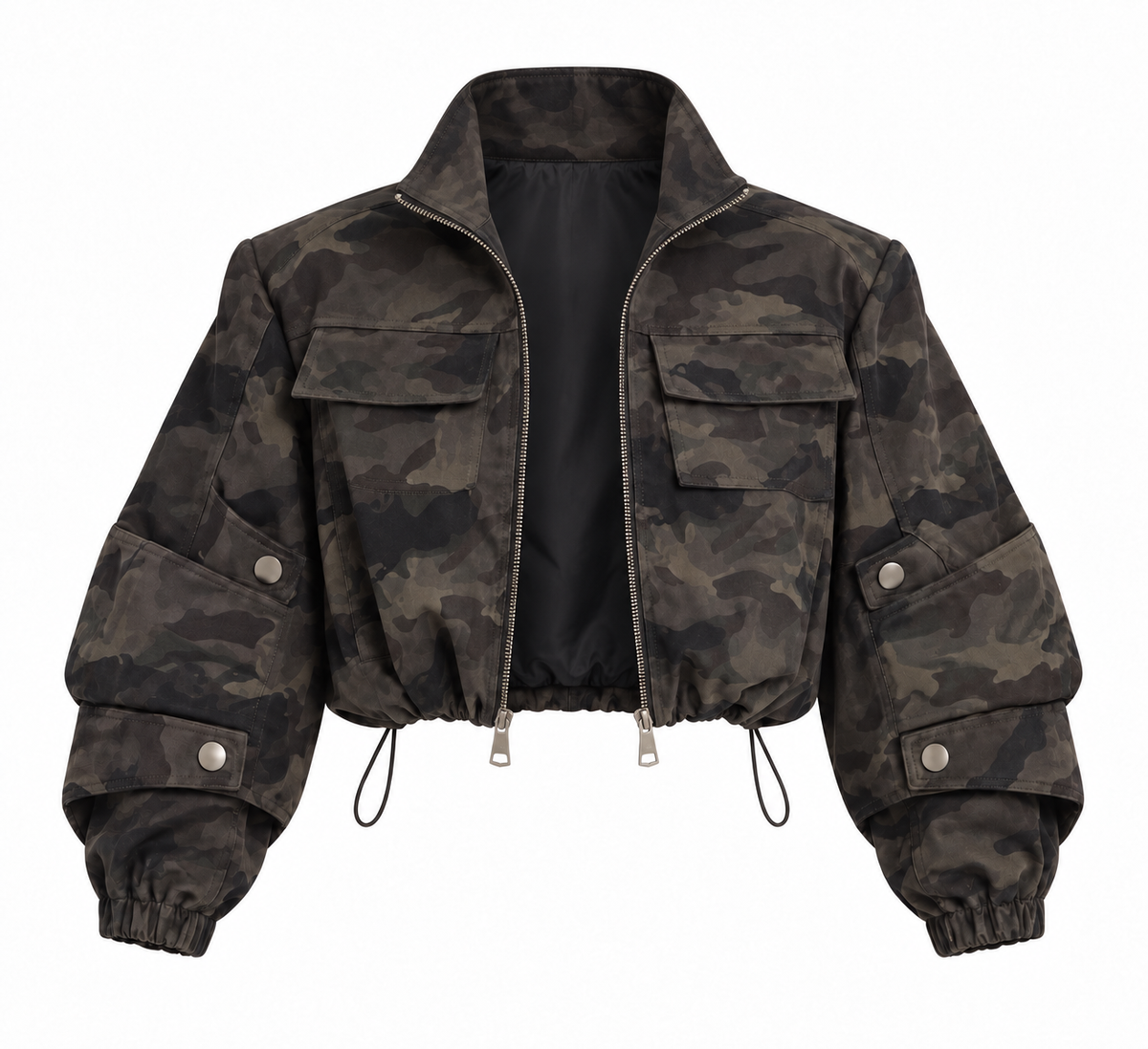 Open front view women’s faded camouflage cropped utility cargo bomber jacket featuring dark brown olive camo print, high mock neck stand collar, silver metallic double zipper, oversized flap chest pockets, cargo sleeve pockets, silver snap hardware, balloon sleeves, elastic cuffs and adjustable cropped hem. Vintage military army jacket for Y2K 2000s, 90s, grunge, punk, baddie, alt, festival, rave, concert, casual and streetwear outfits.

