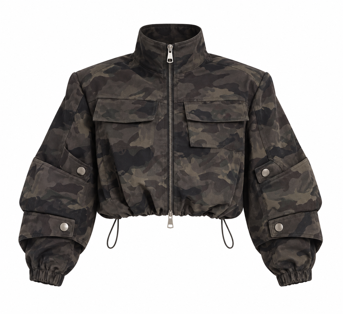 Front view women’s faded dark camouflage cropped mock neck utility cargo bomber jacket with woodland camo print, silver two-way metallic zipper, high stand collar, oversized flap chest cargo pockets, sleeve utility pockets, silver snap hardware, balloon long sleeves, elastic cuffs and adjustable drawstring hem. Y2K 2000s, 90s, vintage military, army, grunge, punk, baddie, festival, rave, concert and streetwear jacket for Fall Winter 2026.

