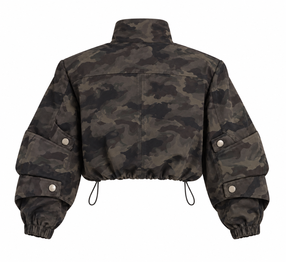 Back view women’s dark faded camo cropped utility bomber jacket with brown olive woodland camouflage print, high stand mock neck collar, structured shoulder yoke, oversized balloon sleeves, cargo sleeve pockets, silver snap tabs, elastic cuffs and adjustable drawstring cropped hem. Women’s vintage military army cargo jacket for Fall Winter 2026, Y2K 2000s, 90s, grunge, punk, alt, baddie, western, festival, concert and streetwear fashion.