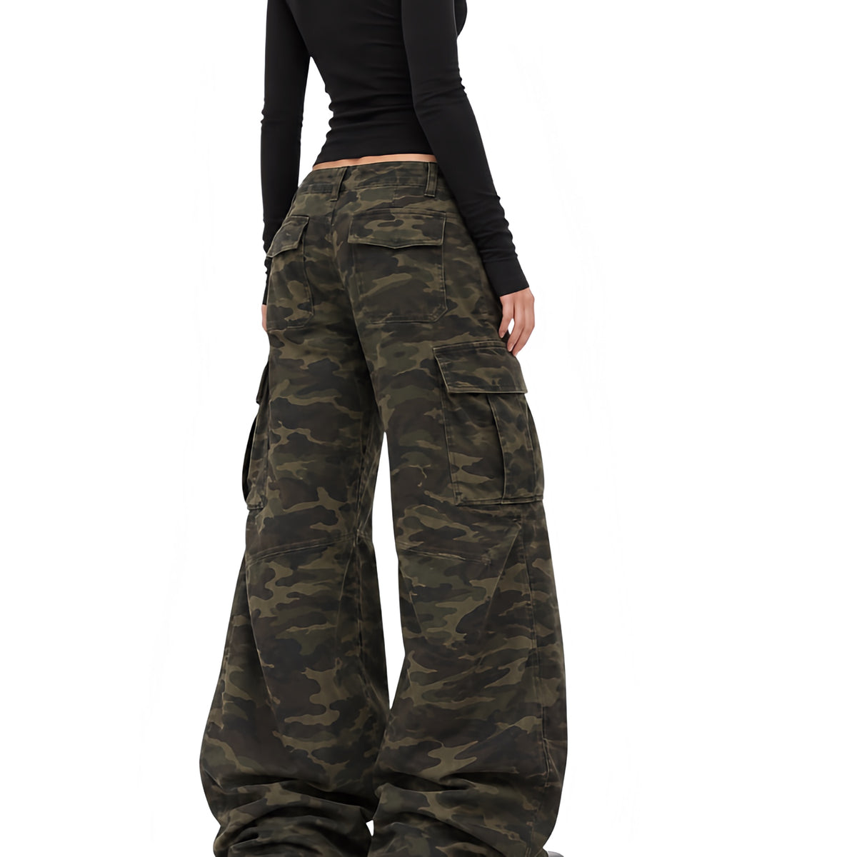 Back view women’s dark faded camouflage low-waist wide leg cargo pants with brown olive woodland camo print, oversized baggy silhouette, large back flap patch pockets, side cargo utility pockets, belt loops and extra long floor-length puddle legs. Women’s Y2K cargo pants for 2000s fashion, 90s style, vintage military, army, grunge, punk, alt, baddie, rock chic, western, festival, rave, concert and streetwear outfits Fall Winter 2026.
