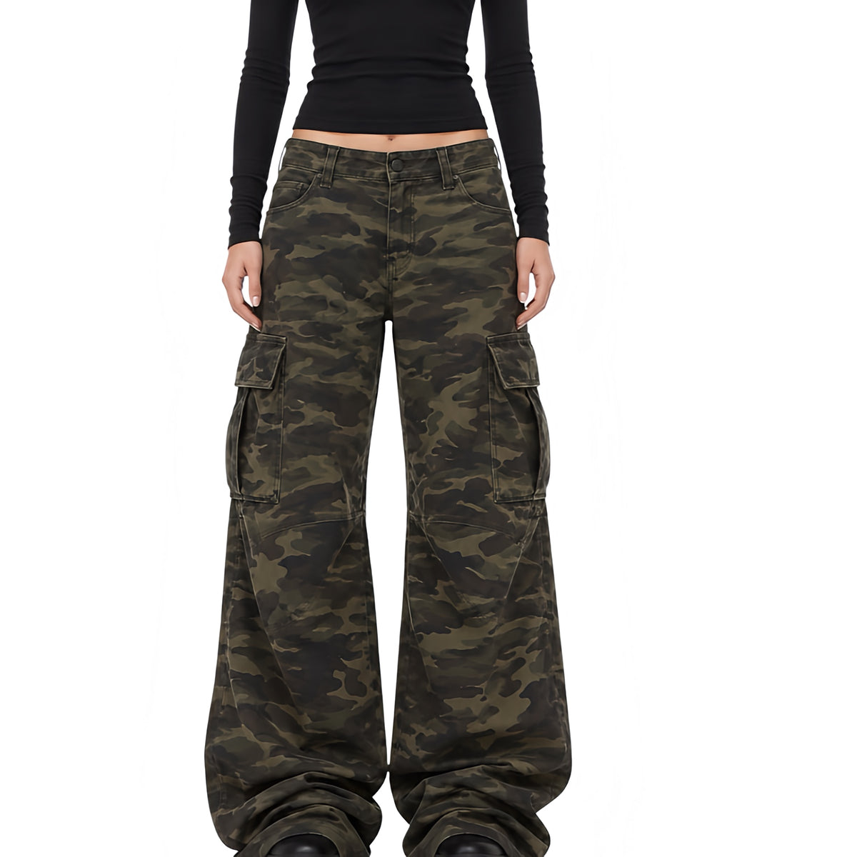 Front view women’s faded dark camouflage low-rise wide leg cargo pants with brown olive woodland camo print, low waist, oversized baggy fit, extra wide legs, cargo side flap pockets, front pockets, belt loops, button zip fly and floor-length puddle hem. Y2K 2000s, 90s, vintage military, army, utility, parachute, grunge, punk, baddie, rave, festival, concert and streetwear trousers for Fall Winter 2026.

