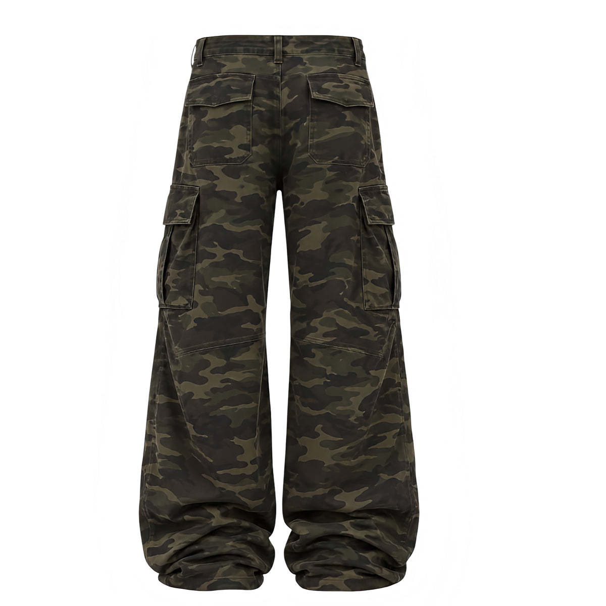 Back view women’s dark faded camouflage low-waist wide leg cargo pants with brown olive woodland camo print, oversized baggy silhouette, large back flap patch pockets, side cargo utility pockets, belt loops and extra long floor-length puddle legs. Women’s Y2K cargo pants for 2000s fashion, 90s style, vintage military, army, grunge, punk, alt, baddie, rock chic, western, festival, rave, concert and streetwear outfits Fall Winter 2026.

