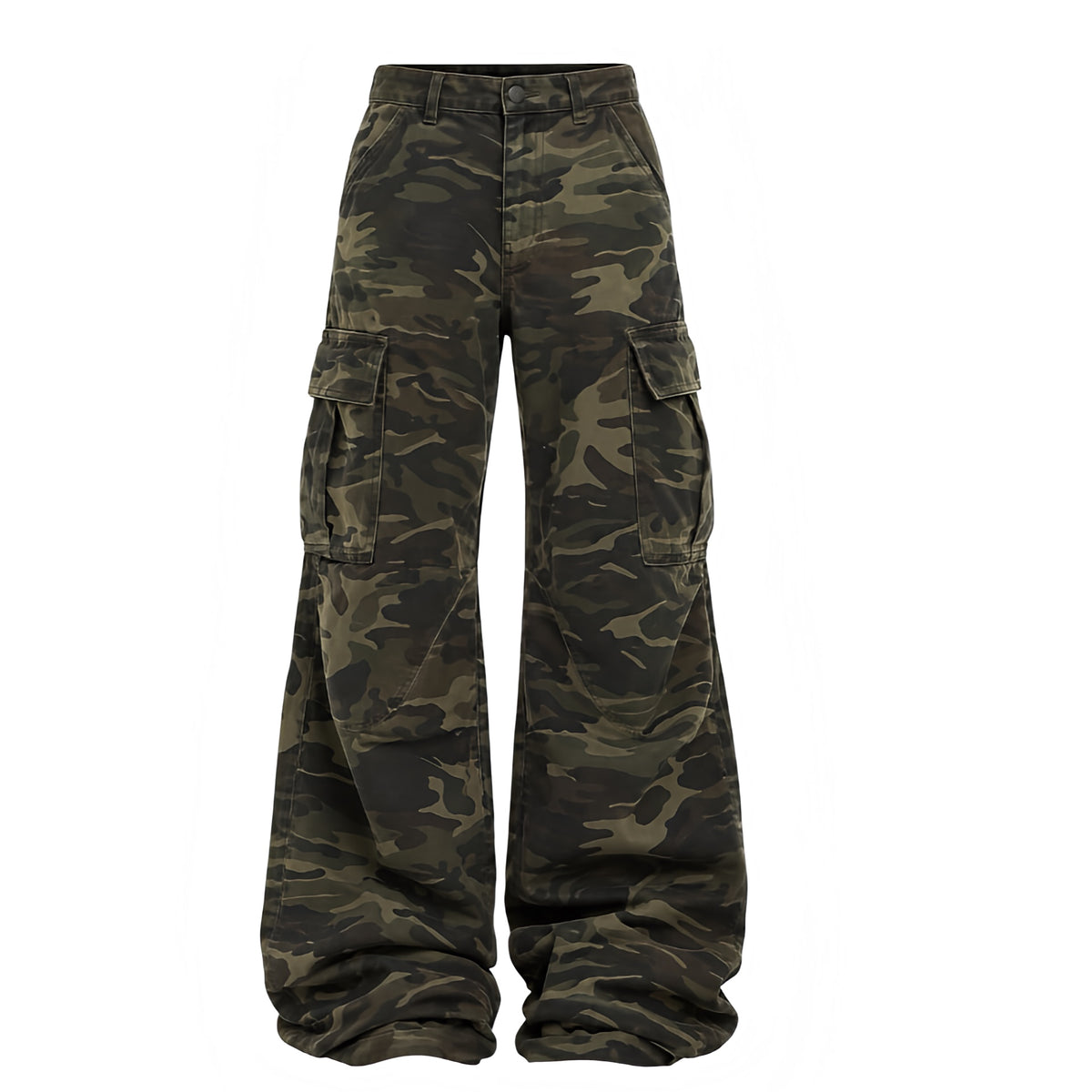 Front view women’s faded dark camouflage low-rise wide leg cargo pants with brown olive woodland camo print, low waist, oversized baggy fit, extra wide legs, cargo side flap pockets, front pockets, belt loops, button zip fly and floor-length puddle hem. Y2K 2000s, 90s, vintage military, army, utility, parachute, grunge, punk, baddie, rave, festival, concert and streetwear trousers for Fall Winter 2026.

