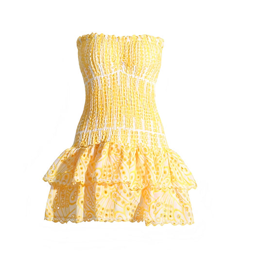 Cannes yellow butter yellow and white striped floral anglaise eyelet embroidered strapless smocked mini dress with layered ruffle trim and tiered flared skirt. Slim fit bodycon corset bustier silhouette with ruched shirred detailing. Chic summer sundress for womens teens ladies perfect for party dress prom hoco homecoming graduation beach vacation ibiza style French Riviera South of France boho chic resort wear coastal aesthetic loveshackfancy dupe zimmermann dupe.

