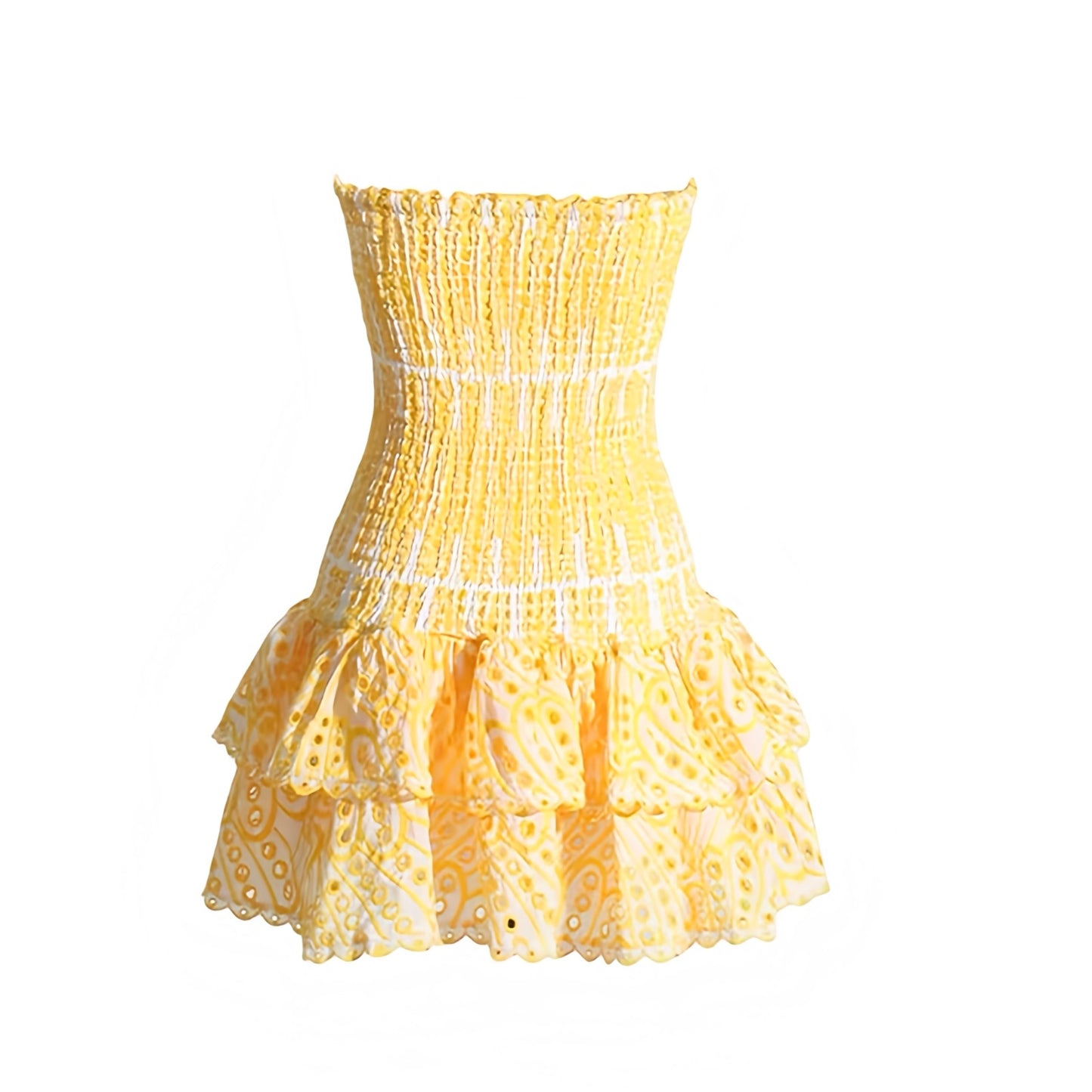 Cannes yellow butter yellow and white striped floral anglaise eyelet embroidered strapless smocked mini dress with layered ruffle trim and tiered flared skirt. Slim fit bodycon corset bustier silhouette with ruched shirred detailing. Chic summer sundress for womens teens ladies perfect for party dress prom hoco homecoming graduation beach vacation ibiza style French Riviera South of France boho chic resort wear coastal aesthetic loveshackfancy dupe zimmermann dupe.