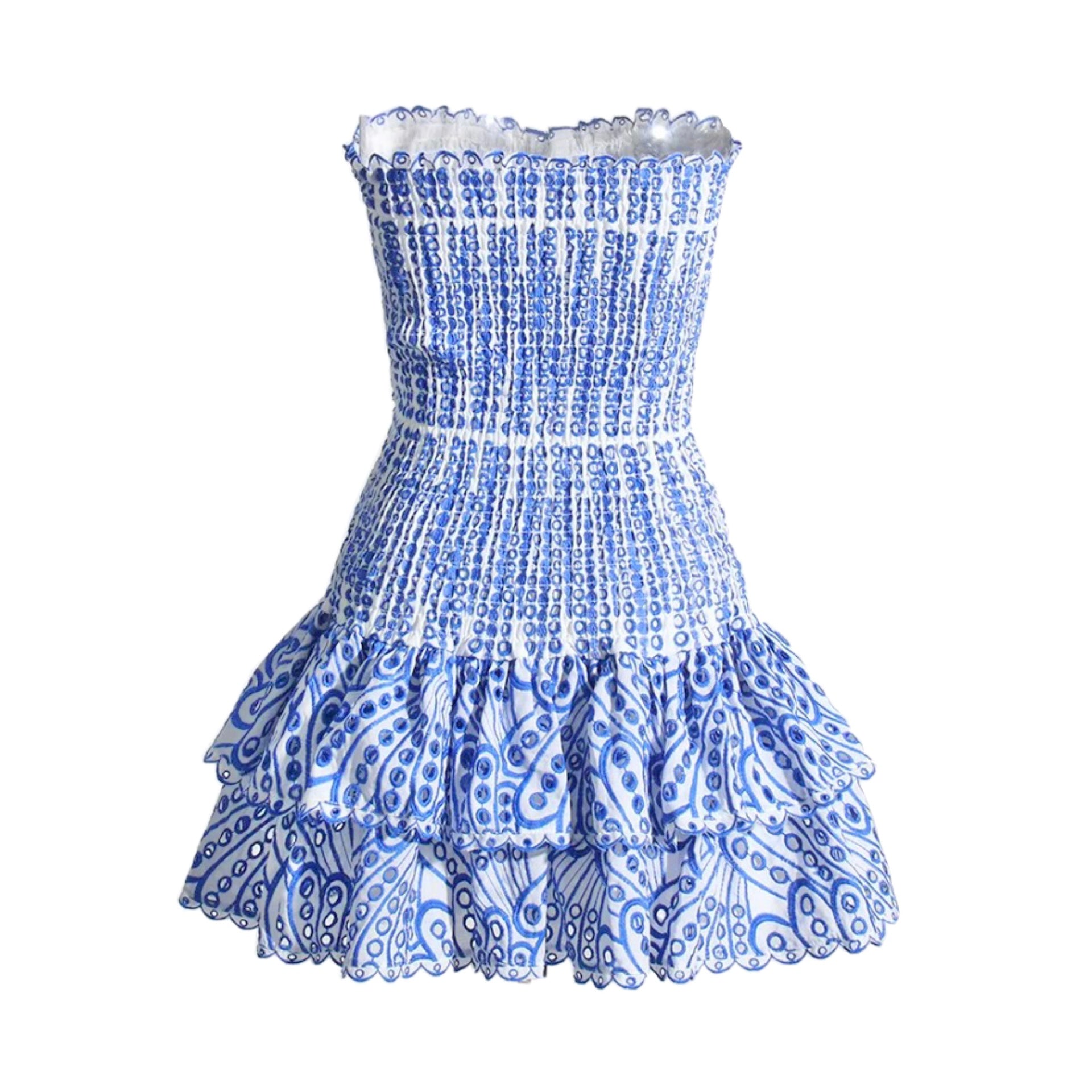 Capri blue and white striped floral anglaise eyelet embroidered strapless smocked mini dress with layered ruffle trim and tiered flared skirt. Slim fit bodycon corset bustier silhouette with ruched shirred detailing. Chic summer sundress for womens teens ladies perfect for party dress prom hoco homecoming graduation beach vacation ibiza style boho chic resort wear coastal granddaughter aesthetic loveshackfancy dupe zimmerman dupe.