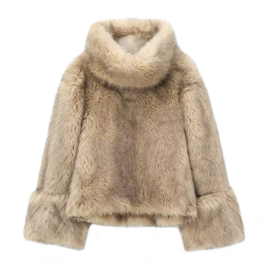 Carmel brown faux fur oversized cropped pullover coat with turtleneck for women and teens, satin lined fuzzy soft cozy warm thick light brown beige luxury faux fur jacket, elegant feminine trendy Y2K chic outerwear for fall autumn winter 2025, stylish Scandinavian Copenhagen streetwear ski trip apres ski snow day outfit, cool girl it girl fashion with global worldwide shipping to US UK Canada Australia Europe and Asia.