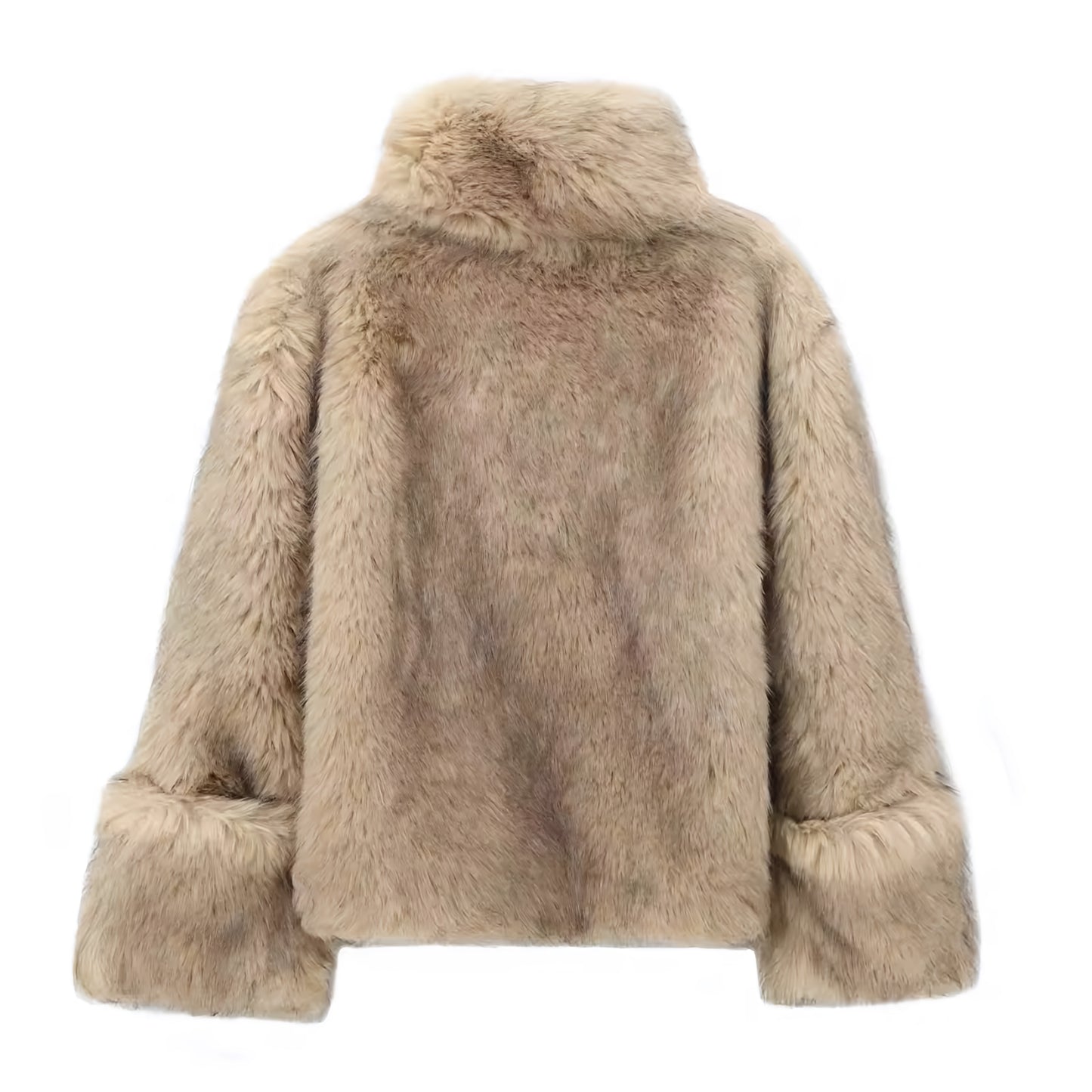 Carmel brown faux fur oversized cropped pullover coat with turtleneck for women and teens, satin lined fuzzy soft cozy warm thick light brown beige luxury faux fur jacket, elegant feminine trendy Y2K chic outerwear for fall autumn winter 2025, stylish Scandinavian Copenhagen streetwear ski trip apres ski snow day outfit, cool girl it girl fashion with global worldwide shipping to US UK Canada Australia Europe and Asia.