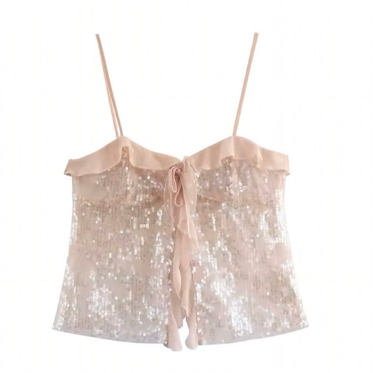 Champagne beige sequin embellished slim fit ruffle trim sweetheart neckline spaghetti strap sleeveless backless crop tank top blouse for women teens chic boho Ibiza style Y2K sexy it girl that girl trendy summer vacation rave concert festival party club fashion 2025 with worldwide global shipping USA Canada UK Europe Asia Australia