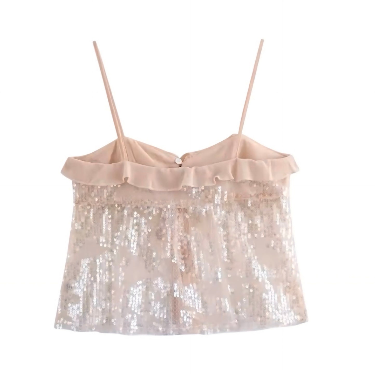 Champagne beige sequin embellished slim fit ruffle trim sweetheart neckline spaghetti strap sleeveless backless crop tank top blouse for women teens chic boho Ibiza style Y2K sexy it girl that girl trendy summer vacation rave concert festival party club fashion 2025 with worldwide global shipping USA Canada UK Europe Asia Australia