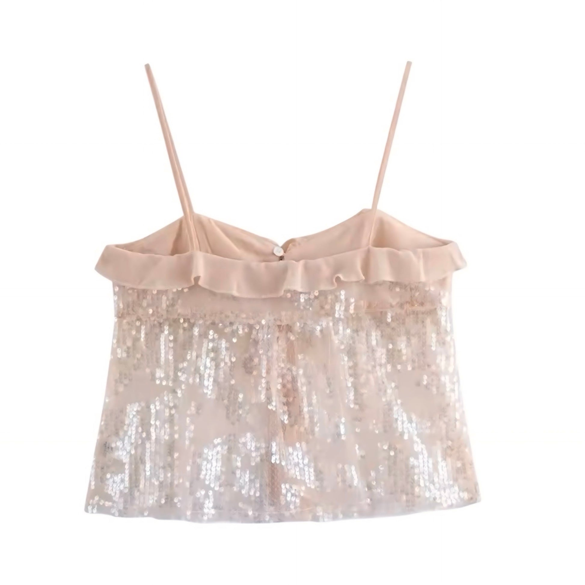 Champagne beige sequin embellished slim fit ruffle trim sweetheart neckline spaghetti strap sleeveless backless crop tank top blouse for women teens chic boho Ibiza style Y2K sexy it girl that girl trendy summer vacation rave concert festival party club fashion 2025 with worldwide global shipping USA Canada UK Europe Asia Australia
