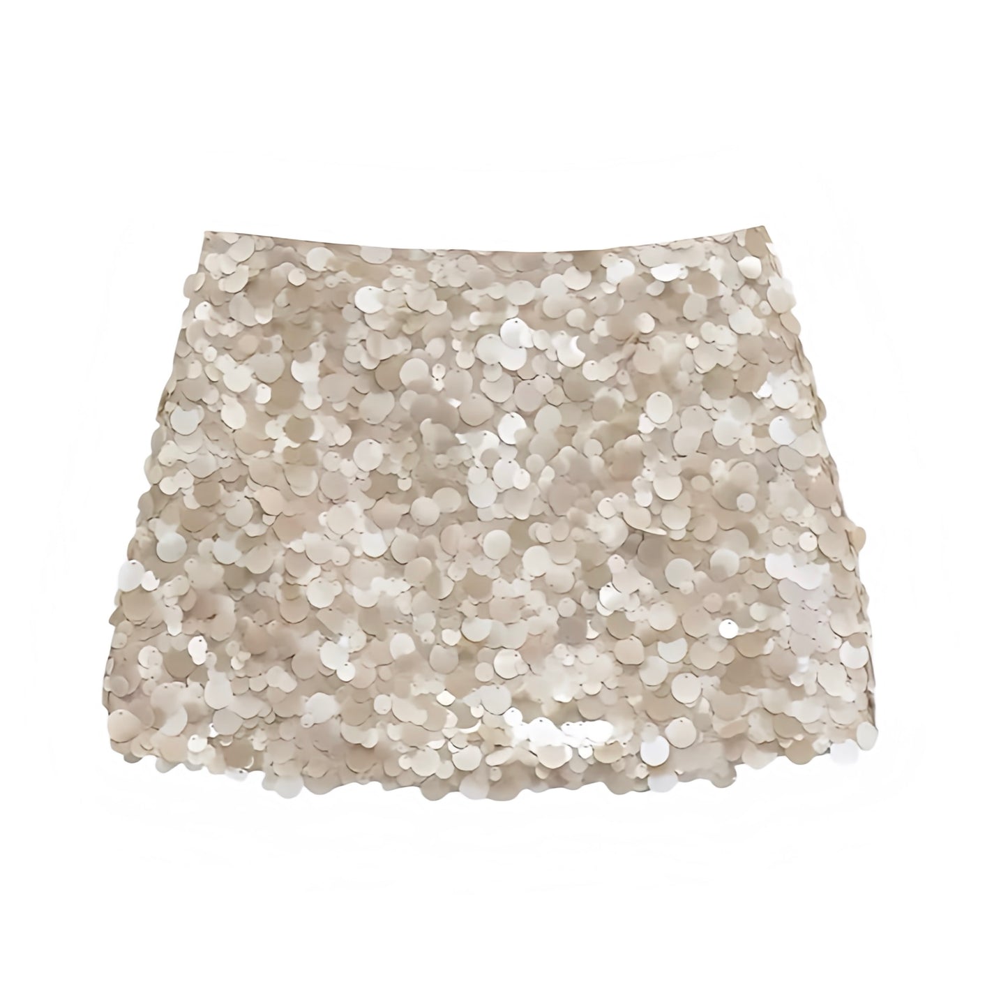 Champagne sequin embellished slim fit low-rise mini skirt, sparkly pencil/sheath; feminine classy sexy Ibiza style party club festival concert Euro summer vacation boho chic trendy Y2K 2025 for women and teens. Ships worldwide to US, UK, EU, AU, Canada and more.