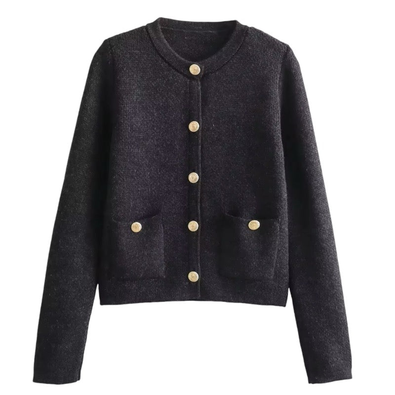 Charcoal Black Knit Gold Button-Down Long Sleeve Cardigan Sweater for women and teens. Soft, cozy, and lightweight woolen knitwear with elegant gold buttons and classic silhouette. Feminine, preppy, and chic cardigan sweater inspired by Parisian fashion, old money, and clean girl style. Perfect for fall, autumn, and winter 2025 outfits. Ships globally and worldwide to the US, UK, Canada, Australia, Europe, and Asia.