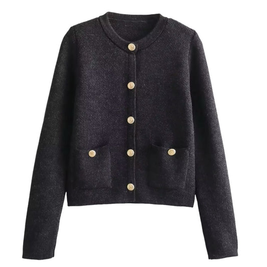 Charcoal Black Knit Gold Button-Down Long Sleeve Cardigan Sweater for women and teens. Soft, cozy, and lightweight woolen knitwear with elegant gold buttons and classic silhouette. Feminine, preppy, and chic cardigan sweater inspired by Parisian fashion, old money, and clean girl style. Perfect for fall, autumn, and winter 2025 outfits. Ships globally and worldwide to the US, UK, Canada, Australia, Europe, and Asia.