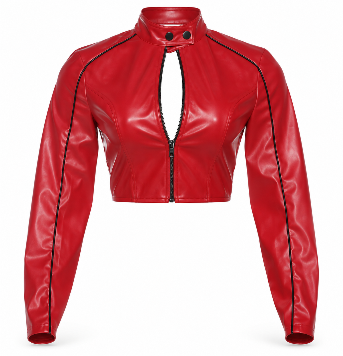 Front view cherry red and black faux leather keyhole cropped moto racer jacket for women with bright red fitted slim silhouette, high mock neck snap collar, two-way front zipper, chest cutout, long sleeves and black contrast piping racing stripe detailing. Y2K 2000s biker jacket for Fall Winter 2026, rock chic, rockstar GF, baddie, grunge, punk, goth, emo, cybergoth, alt, streetwear, clubwear, rave, festival, concert, party and going out outfits.