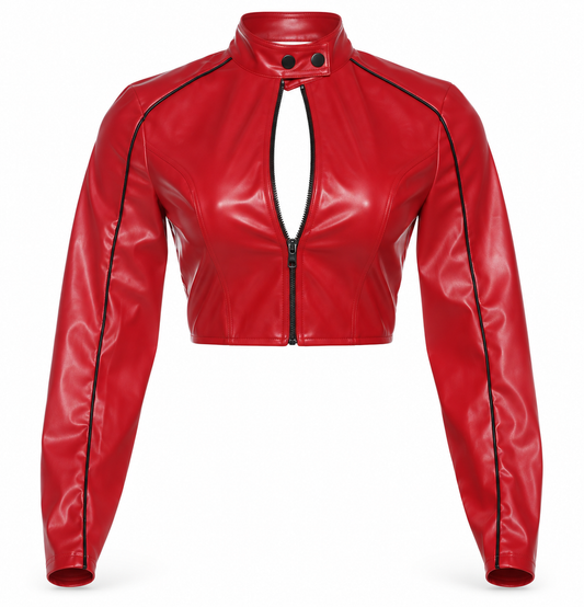Front view cherry red and black faux leather keyhole cropped moto racer jacket for women with bright red fitted slim silhouette, high mock neck snap collar, two-way front zipper, chest cutout, long sleeves and black contrast piping racing stripe detailing. Y2K 2000s biker jacket for Fall Winter 2026, rock chic, rockstar GF, baddie, grunge, punk, goth, emo, cybergoth, alt, streetwear, clubwear, rave, festival, concert, party and going out outfits.