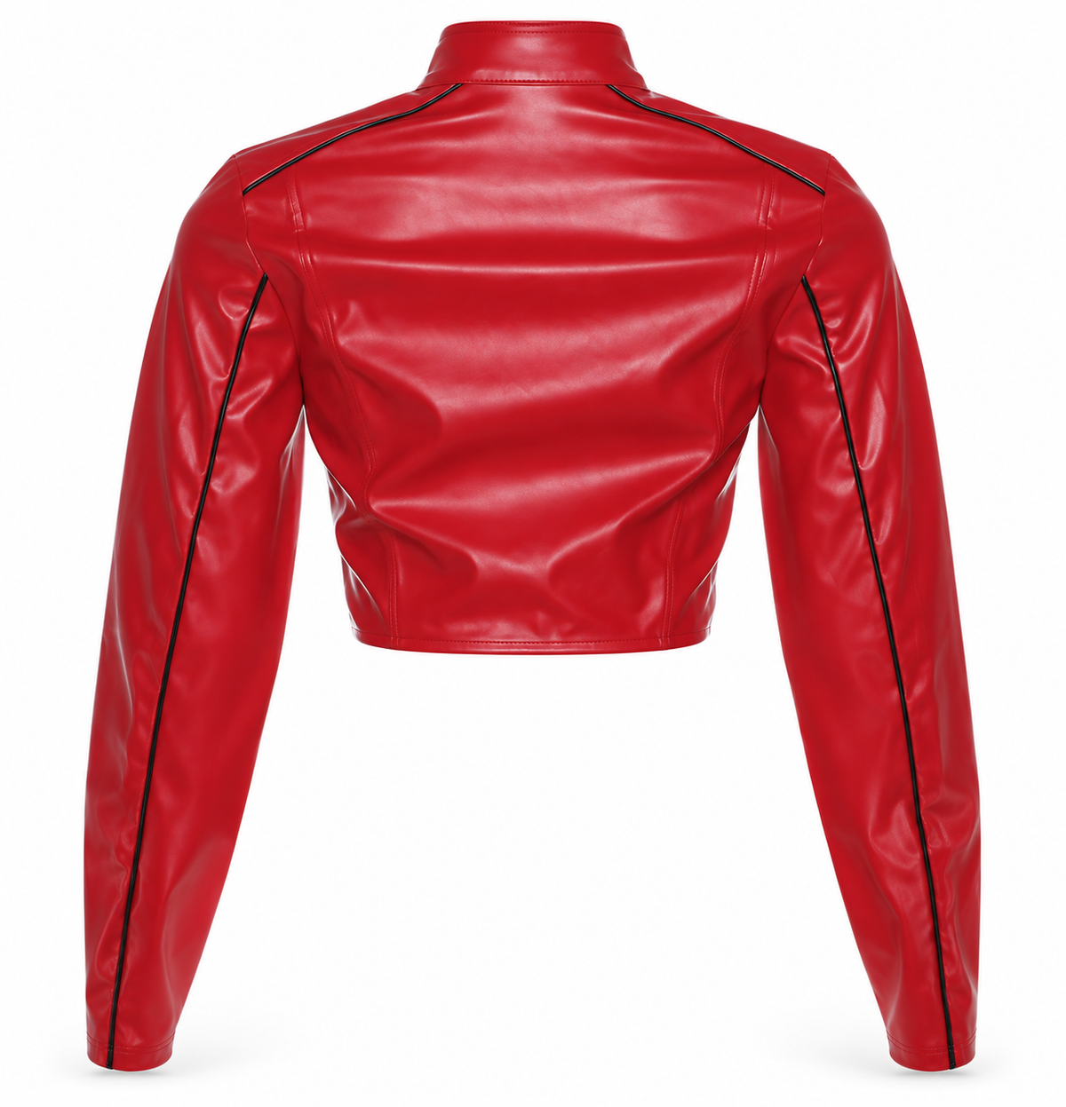 Back view cherry red and black faux leather cropped moto racer jacket for women with bright red leather-look finish, high stand collar, fitted cropped waist, long sleeves, paneled construction, curved seam detailing and black contrast piping along shoulders and sleeves. Y2K 2000s racing biker jacket for Fall Winter 2026, motorsport aesthetic, rock chic, rockstar GF, baddie, grunge, punk, goth, emo, alt, streetwear, clubwear, festival, concert and night out style.