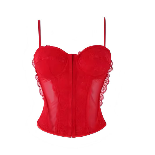 Cherry red bright red floral flower patterned lace lace trim translucent transparent mesh slim fit bodycon silhouette corset bustier underwire push up v neck sweetheart neckline spaghetti strap sleeveless lace up back cinched waist adjustable camisole crop tank top bra bralette intimate lingerie underwear under garments shapewear womens teens ladies spring summer fall autumn winter 2026 feminine fashion coquette y2k chic trendy vintage retro evening party night out going out sexy club wear ships worldwide