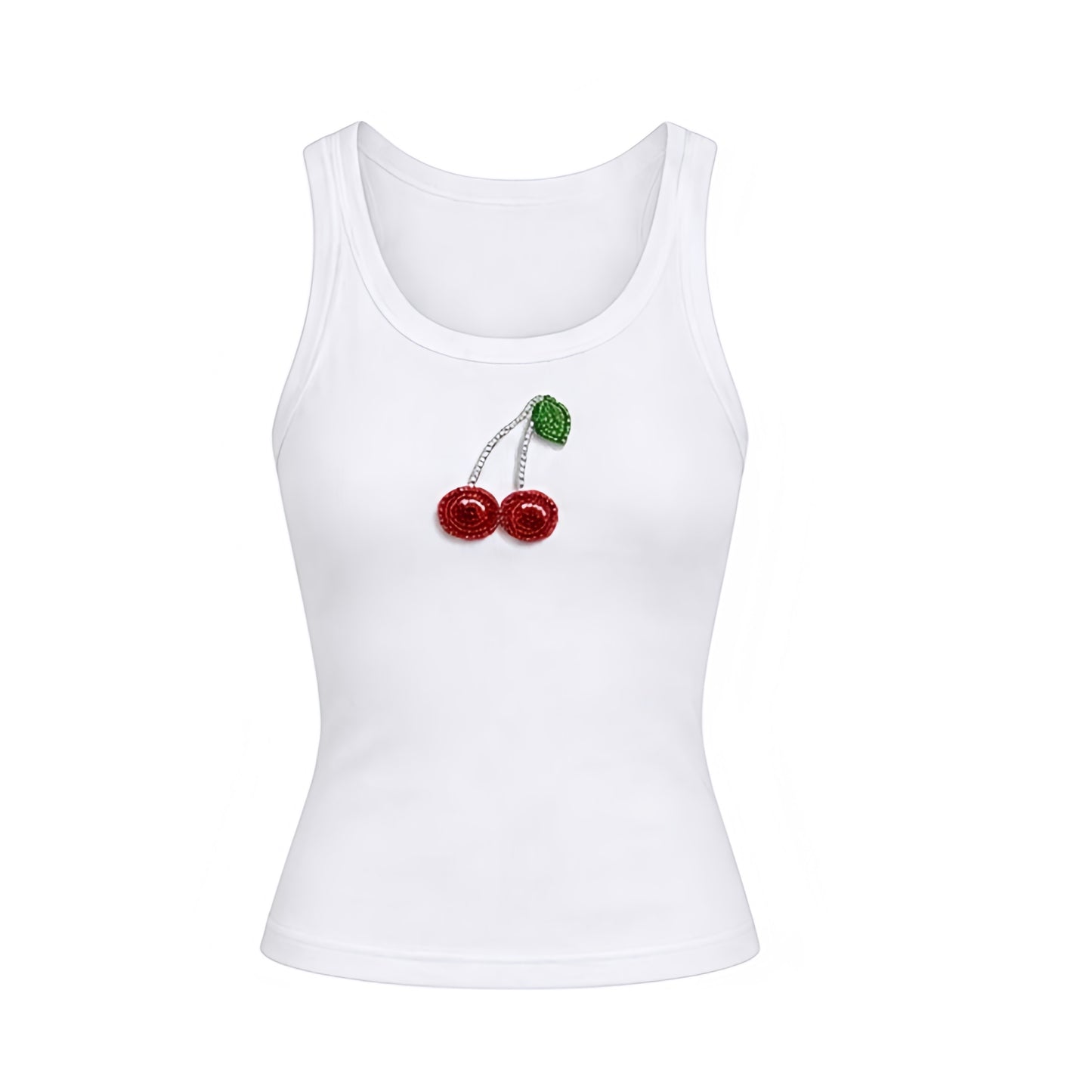 Cherry Y2K sparkly beaded fitted scoop neck tank top with white base and red and green cherry bead design. Slim fit skinny fit bodycon ribbed cotton blend tank featuring scoop neck, plunging neckline, spaghetti straps, sleeveless racerback and cropped silhouette. Y2K beaded top and baby tank perfect for 2000s fashion, retro style, vintage style, party outfits, Ibiza style, beach club outfits, festival outfits, rave outfits and summer vacation looks.