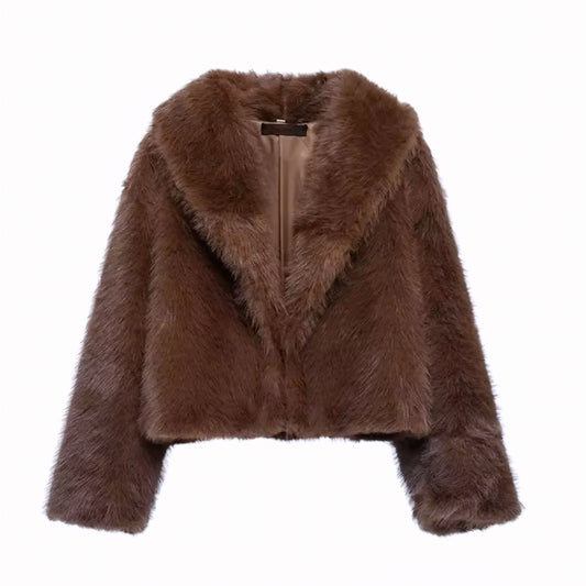 Chocolate brown faux fur cropped jacket with collared v-neck design for women and teens, satin lined fuzzy soft cozy warm thick oversized short fur coat, elegant feminine trendy Y2K chic outerwear for fall autumn winter 2025, luxury dark brown fashion jacket for après-ski snow trip ski outfit or streetwear, stylish Copenhagen Scandinavian cool girl it girl style, with global worldwide shipping to US UK Canada Australia Europe and Asia.