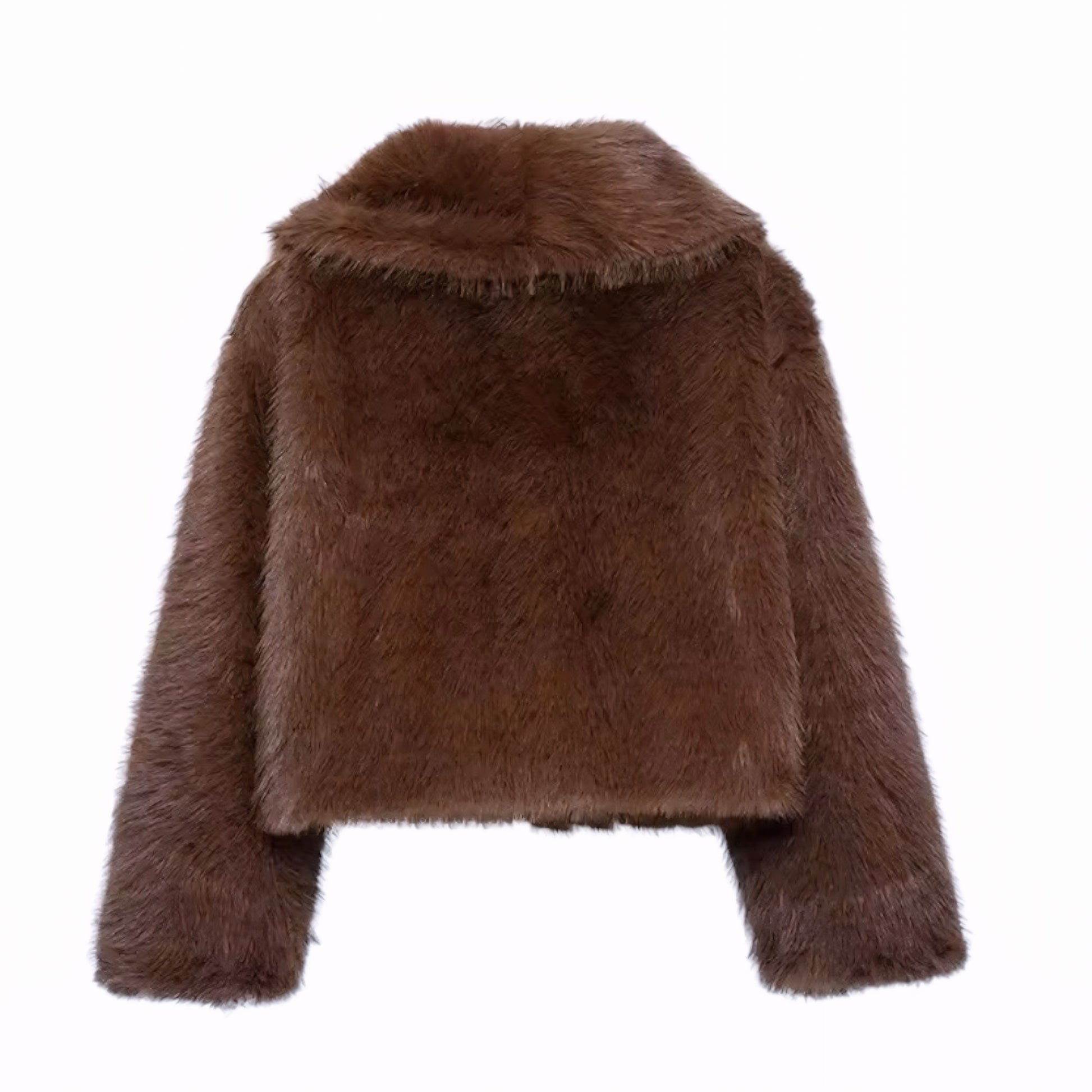 Chocolate brown faux fur cropped jacket with collared v-neck design for women and teens, satin lined fuzzy soft cozy warm thick oversized short fur coat, elegant feminine trendy Y2K chic outerwear for fall autumn winter 2025, luxury dark brown fashion jacket for après-ski snow trip ski outfit or streetwear, stylish Copenhagen Scandinavian cool girl it girl style, with global worldwide shipping to US UK Canada Australia Europe and Asia.