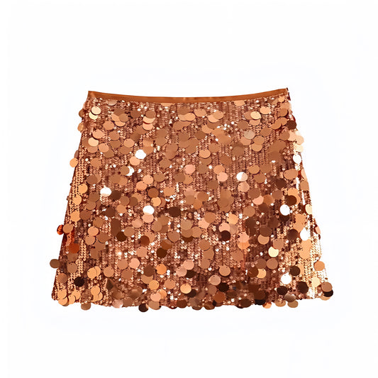 Copper brown sequin embellished slim fit low-rise mini skirt, sparkly pencil/sheath; boho chic sexy Ibiza style festival party club rave concert Euro summer vacation Y2K it-girl that-girl trendy 2025. Ships worldwide to US, UK, EU, AU, Canada & more.