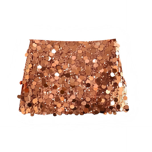 Copper brown sequin embellished slim fit low-rise mini skirt, sparkly pencil/sheath; boho chic sexy Ibiza style festival party club rave concert Euro summer vacation Y2K it-girl that-girl trendy 2025. Ships worldwide to US, UK, EU, AU, Canada & more.
