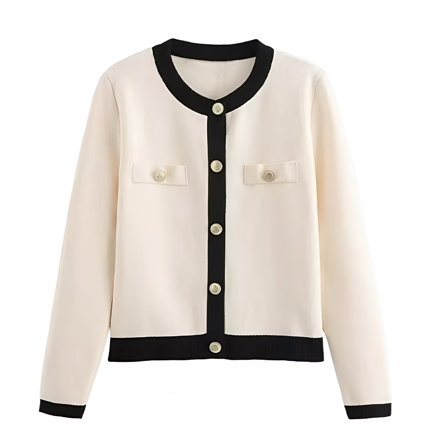 Cream White & Black Lined Knit Gold Button-Down Long Sleeve Cardigan Sweater for women and teens. Soft, cozy, and lightweight woolen knitwear with elegant gold buttons, black trim, and a round neckline. Feminine and trendy Parisian-inspired cardigan jacket with a preppy old money style. Perfect for fall, autumn, and winter outfits. Ships globally and worldwide to the US, UK, Canada, Australia, Europe, and Asia.
