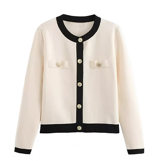 Cream White & Black Lined Knit Gold Button-Down Long Sleeve Cardigan Sweater for women and teens. Soft, cozy, and lightweight woolen knitwear with elegant gold buttons, black trim, and a round neckline. Feminine and trendy Parisian-inspired cardigan jacket with a preppy old money style. Perfect for fall, autumn, and winter outfits. Ships globally and worldwide to the US, UK, Canada, Australia, Europe, and Asia.