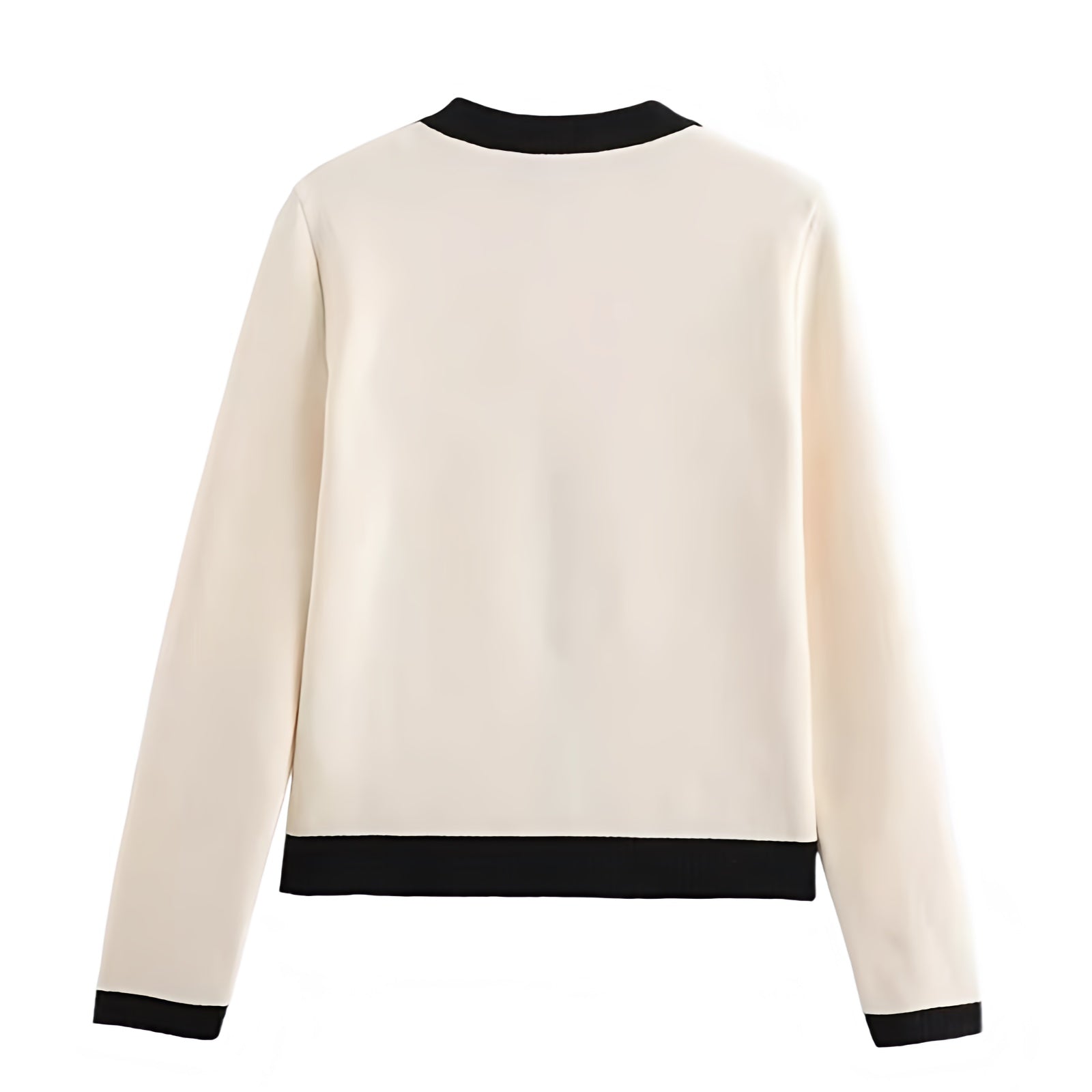 Cream White & Black Lined Knit Gold Button-Down Long Sleeve Cardigan Sweater for women and teens. Soft, cozy, and lightweight woolen knitwear with elegant gold buttons, black trim, and a round neckline. Feminine and trendy Parisian-inspired cardigan jacket with a preppy old money style. Perfect for fall, autumn, and winter outfits. Ships globally and worldwide to the US, UK, Canada, Australia, Europe, and Asia.