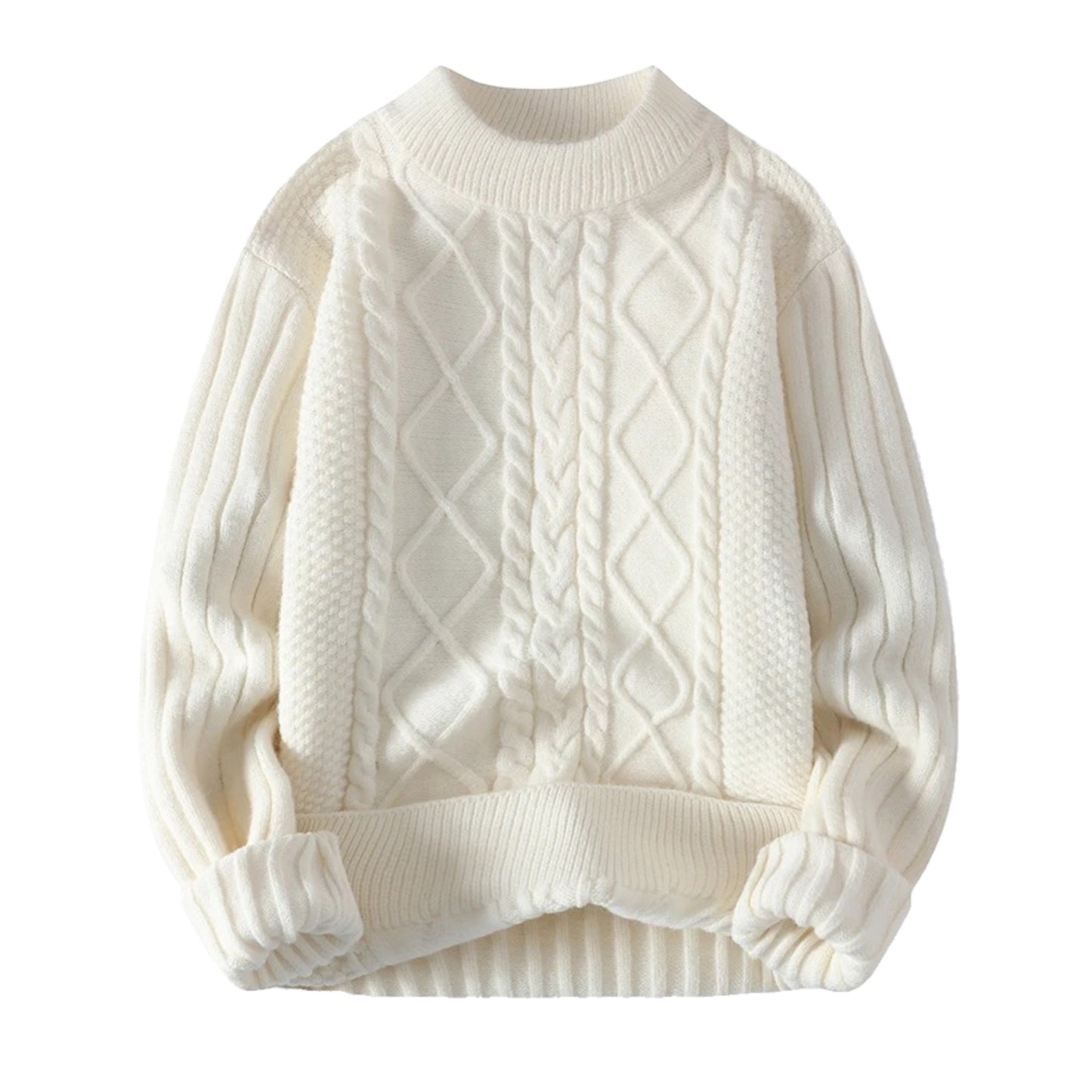 Cream white cable knit long sleeve crewneck pullover sweater for women and teens, soft cozy chunky knitted jumper with geometric patterned detailing and round neckline, thick warm knitwear for fall autumn winter 2025, elegant feminine Scandinavian and old-money style, Zara and Aritzia dupe knitwear, preppy clean-girl cozy fashion, perfect for après-ski, snow trip, and ski outfit looks, ships globally and worldwide to US, UK, Canada, Europe, Australia, and Asia.