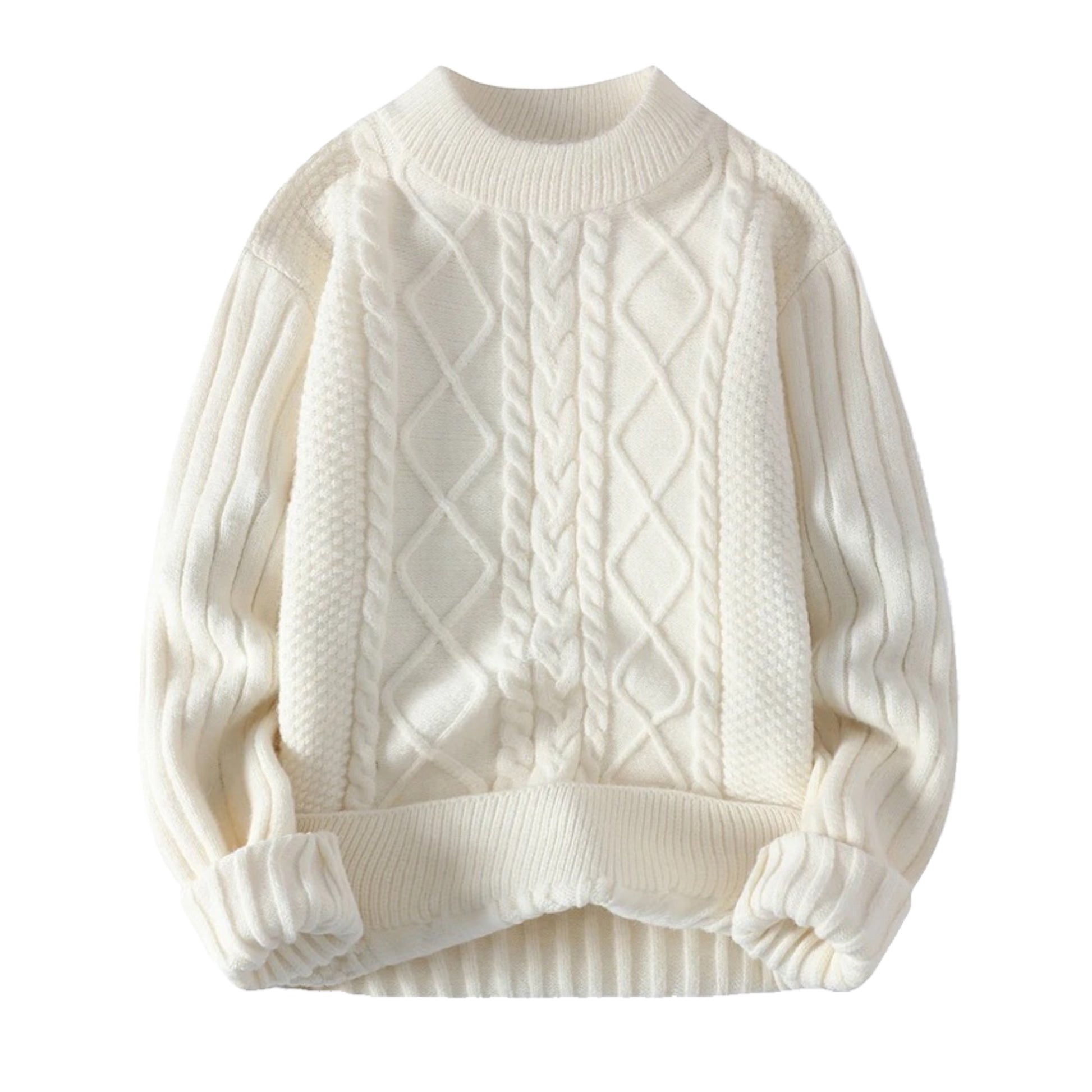 Cream white cable knit long sleeve crewneck pullover sweater for women and teens, soft cozy chunky knitted jumper with geometric patterned detailing and round neckline, thick warm knitwear for fall autumn winter 2025, elegant feminine Scandinavian and old-money style, Zara and Aritzia dupe knitwear, preppy clean-girl cozy fashion, perfect for après-ski, snow trip, and ski outfit looks, ships globally and worldwide to US, UK, Canada, Europe, Australia, and Asia.
