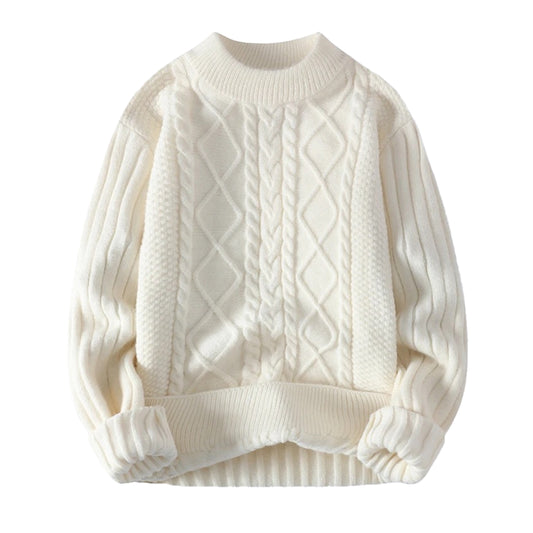 Cream white cable knit long sleeve crewneck pullover sweater for women and teens, soft cozy chunky knitted jumper with geometric patterned detailing and round neckline, thick warm knitwear for fall autumn winter 2025, elegant feminine Scandinavian and old-money style, Zara and Aritzia dupe knitwear, preppy clean-girl cozy fashion, perfect for après-ski, snow trip, and ski outfit looks, ships globally and worldwide to US, UK, Canada, Europe, Australia, and Asia.