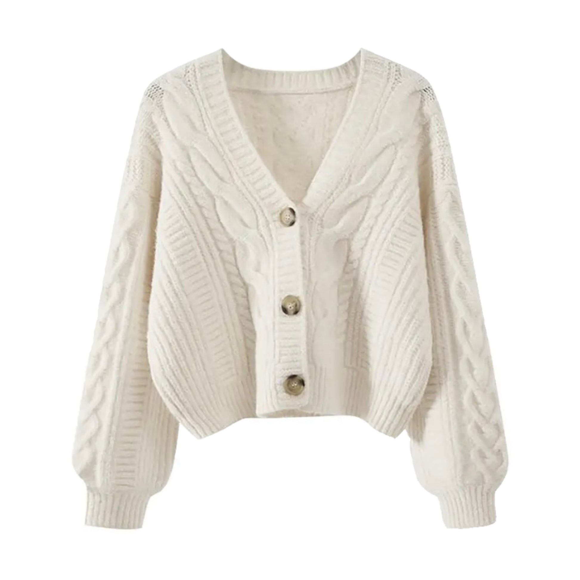 Cream white cable knit v-neck long sleeve cropped cardigan sweater for women. Soft, cozy, thick, and oversized chunky knit jumper with buttons and pockets. Elegant neutral off-white knitwear for fall, autumn, and winter 2025. Feminine preppy casual fashion for teens and ladies. Comfy warm crochet-style sweater inspired by pumpkin spice and Uggs. Ships globally to the US, UK, Canada, Australia, New Zealand, Europe, Asia, France, Germany, Italy, Spain, Denmark, Sweden, Switzerland, Netherlands, Poland.