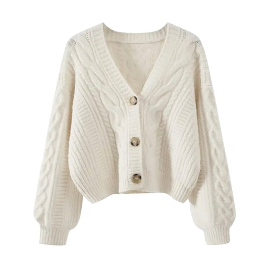 Cream white cable knit v-neck long sleeve cropped cardigan sweater for women. Soft, cozy, thick, and oversized chunky knit jumper with buttons and pockets. Elegant neutral off-white knitwear for fall, autumn, and winter 2025. Feminine preppy casual fashion for teens and ladies. Comfy warm crochet-style sweater inspired by pumpkin spice and Uggs. Ships globally to the US, UK, Canada, Australia, New Zealand, Europe, Asia, France, Germany, Italy, Spain, Denmark, Sweden, Switzerland, Netherlands, Poland.