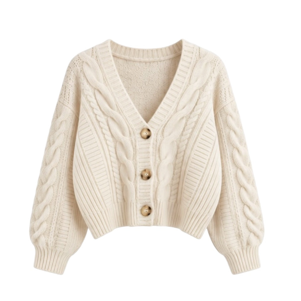 Cream white cable knit v-neck long sleeve cropped cardigan sweater for women. Soft, cozy, thick, and oversized chunky knit jumper with buttons and pockets. Elegant neutral off-white knitwear for fall, autumn, and winter 2025. Feminine preppy casual fashion for teens and ladies. Comfy warm crochet-style sweater inspired by pumpkin spice and Uggs. Ships globally to the US, UK, Canada, Australia, New Zealand, Europe, Asia, France, Germany, Italy, Spain, Denmark, Sweden, Switzerland, Netherlands, Poland.