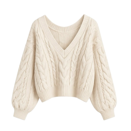 Cream white cable knit v-neck cropped long sleeve sweater for women featuring soft chunky knit fabric with woolen texture, ribbed cuffed sleeves, lightweight yet warm and breathable construction, and relaxed oversized fit. Cozy off white and beige knitwear jumper perfect for autumn, fall, and winter 2025 and 2026, Scandinavian Stockholm style, minimalist everyday outfits, school and university fashion. Ships worldwide.
