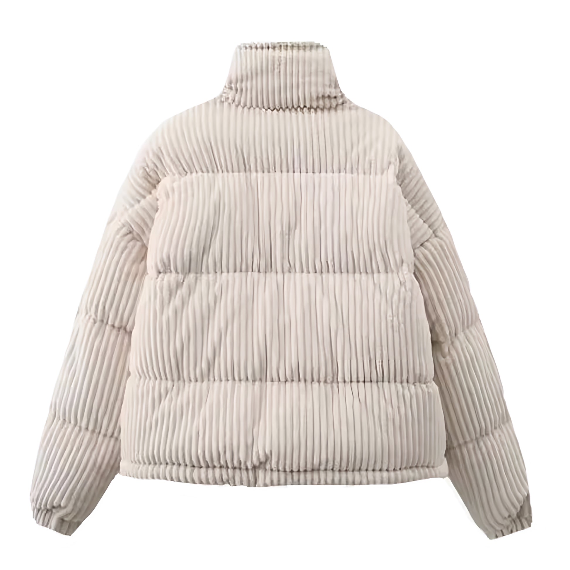 Cream white corduroy oversized button-down long sleeve turtleneck puffer jacket for women and teens, soft fleece lined ribbed textured cozy warm thick luxury coat with mock neck round neckline and zip-up detail, elegant feminine trendy Y2K chic casual retro vintage fashionable outerwear for fall autumn winter 2025, Scandinavian Copenhagen streetwear and old money style après ski snow trip outfit, with global worldwide shipping to US UK Canada Australia Europe and Asia.