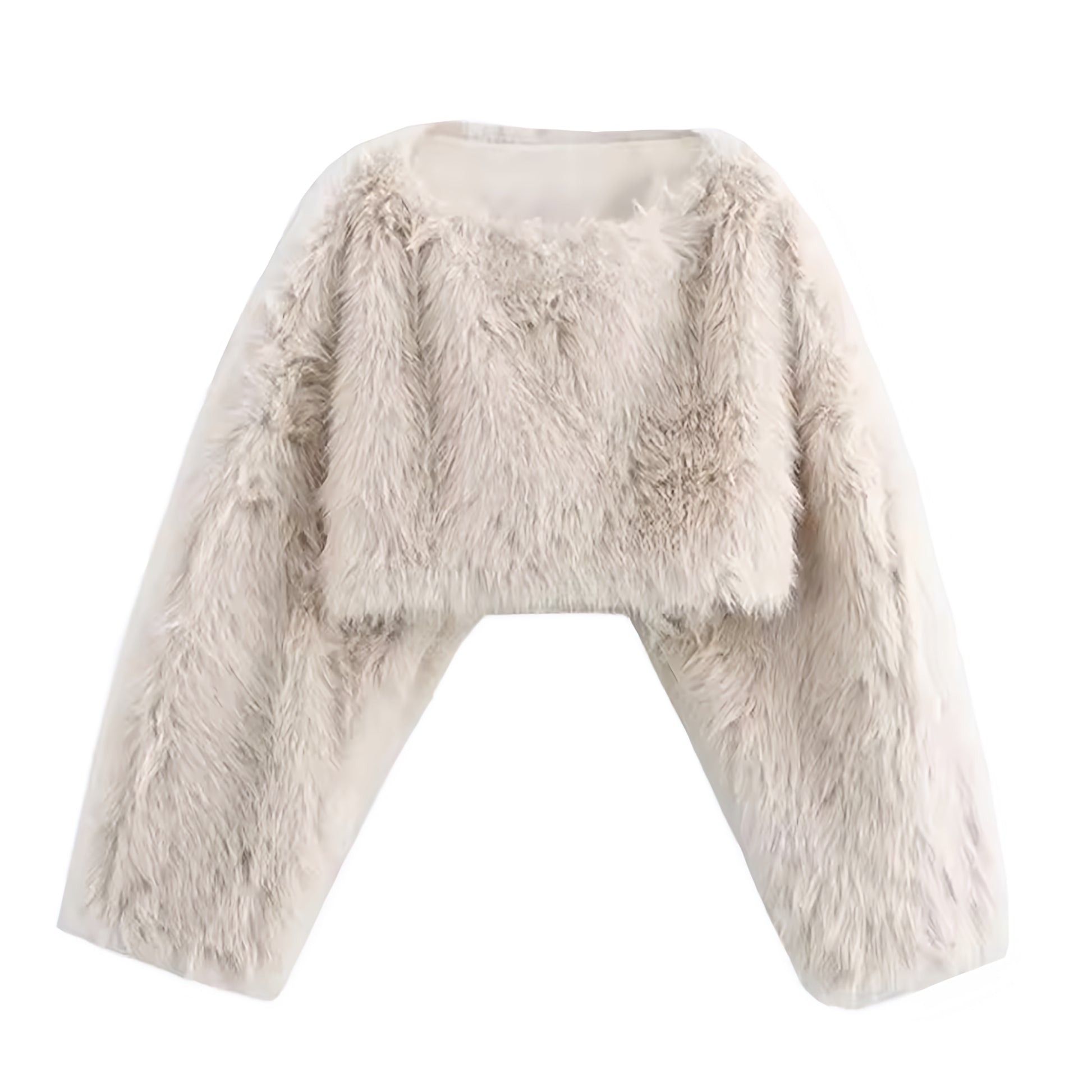 Cream white faux fur oversized cropped pullover coat for women and teens, satin lined fuzzy soft cozy warm thick elegant off-white ivory beige faux fur jacket with crewneck round neckline long sleeves, luxury feminine trendy Y2K chic fashionable outerwear for fall autumn winter 2025, stylish Scandinavian Copenhagen streetwear ski trip après ski party night out look, with global worldwide shipping to US UK Canada Australia Europe and Asia.