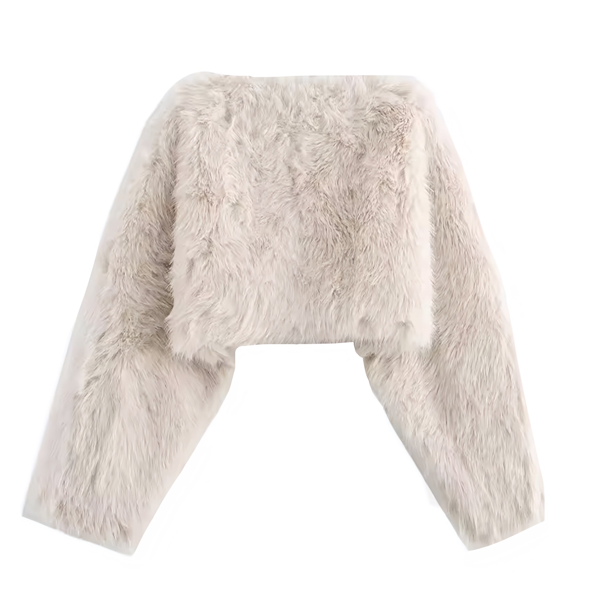 Cream white faux fur oversized cropped pullover coat for women and teens, satin lined fuzzy soft cozy warm thick elegant off-white ivory beige faux fur jacket with crewneck round neckline long sleeves, luxury feminine trendy Y2K chic fashionable outerwear for fall autumn winter 2025, stylish Scandinavian Copenhagen streetwear ski trip après ski party night out look, with global worldwide shipping to US UK Canada Australia Europe and Asia.