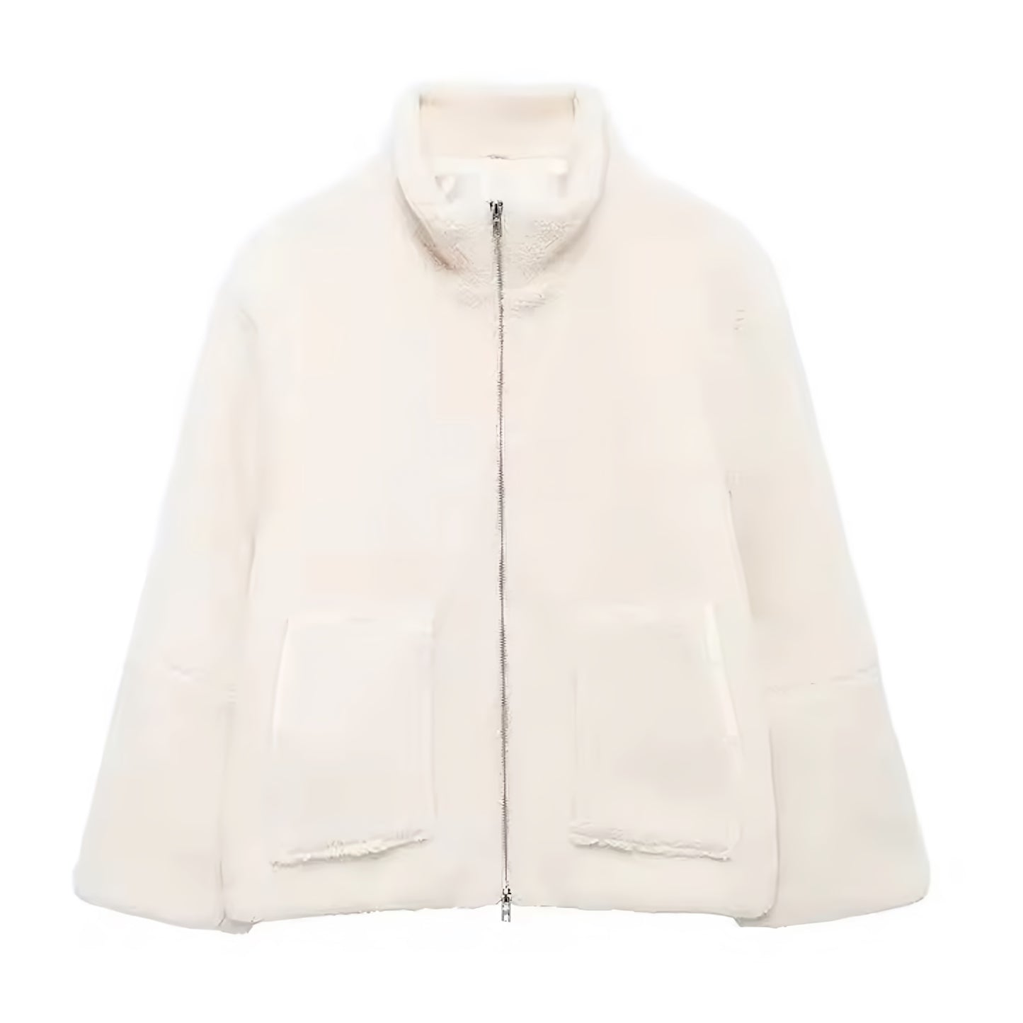 Cream white faux fur sherpa fleece zip-up long sleeve turtleneck oversized jacket for women and teens, fuzzy soft cozy warm thick luxury coat with mock neck round neckline, elegant feminine trendy Y2K chic casual vintage fashionable outerwear for fall autumn winter 2025, Scandinavian Copenhagen streetwear and old money style après ski ski trip snow day outfit, with global worldwide shipping to US UK Canada Australia Europe and Asia.